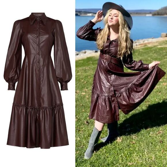 Nicholas Larisa Dress Faux Leather Balloon Sleeve Button Front Midi Brown 4 - Picture 1 of 11